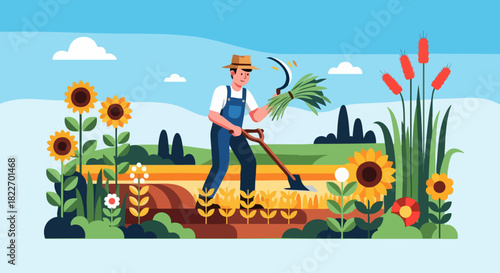 Farmer Working in the Field with Sunflowers and Harvested Crops.