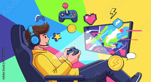 Gamer immersed in virtual reality gaming experience with controller and headset.