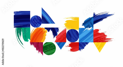 Vibrant Abstract Art with Painted Geometric Shapes and Brush Strokes.