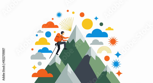 Flat design illustration of a person climbing a mountain peak.