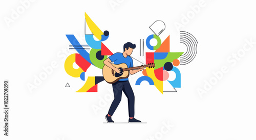 Young man playing an acoustic guitar in a modern flat illustration style.