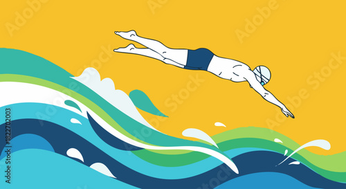 A swimmer diving into ocean waves.