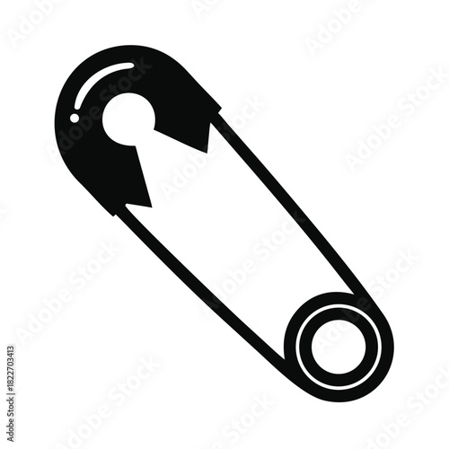 Simple black and white icon design of a classic safety pin isolated on a clean white background