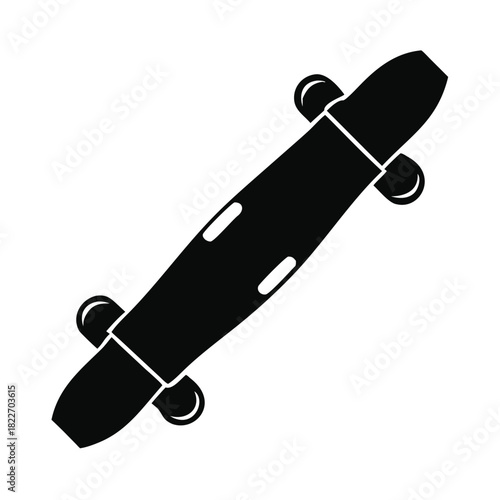 Simple black silhouette icon representing a longboard skateboard viewed from above on a white background