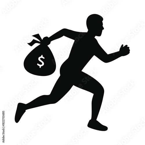 Silhouette of a thief running away quickly with a large bag of stolen money in the night