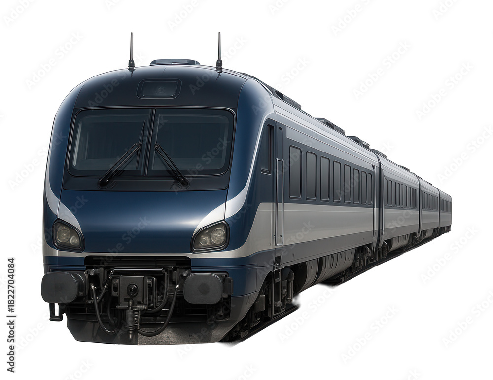 Naklejka premium Four-car diesel train featuring a unique front coupling and roof antennas.