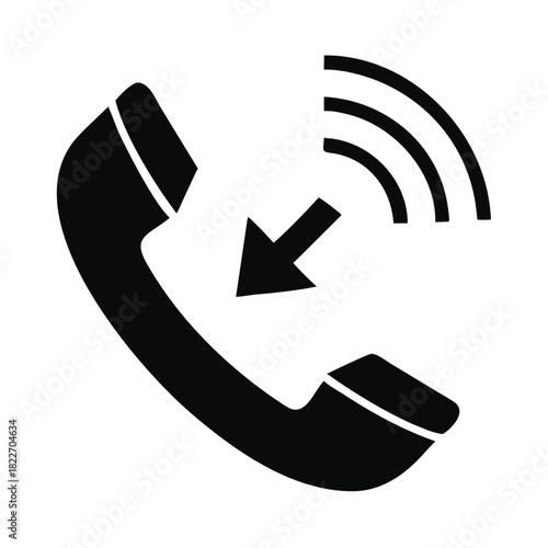 Simple black and white icon representing an incoming telephone call or missed communication alert symbol