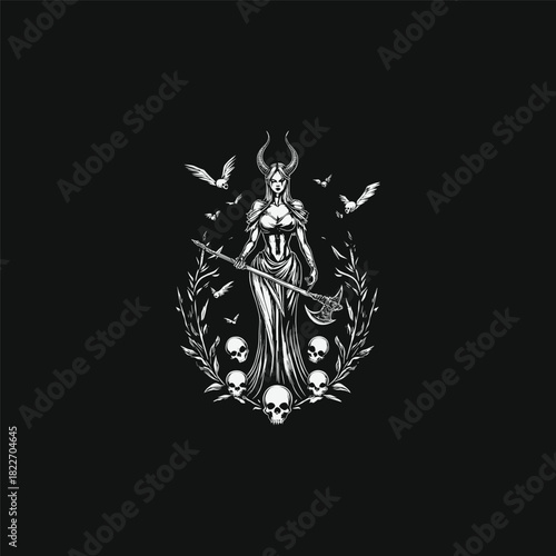 Dark fantasy illustration featuring a beautiful sorceress or witch queen with horns and a powerful battle axe, surrounded by human skulls, birds, and nature elements