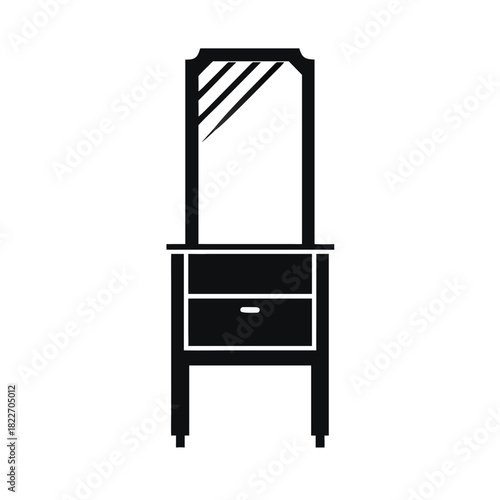 Simple black silhouette icon representing a classic dressing table with a tall rectangular mirror and drawers