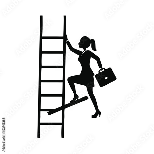 A woman climbing a ladder with a briefcase in a black and white image style