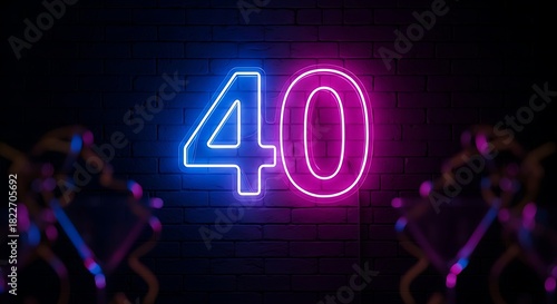 Stunning forty neon sign shining bright for a birthday, celebration, or special milestone event with glowing pink and blue lights on a brick wall
