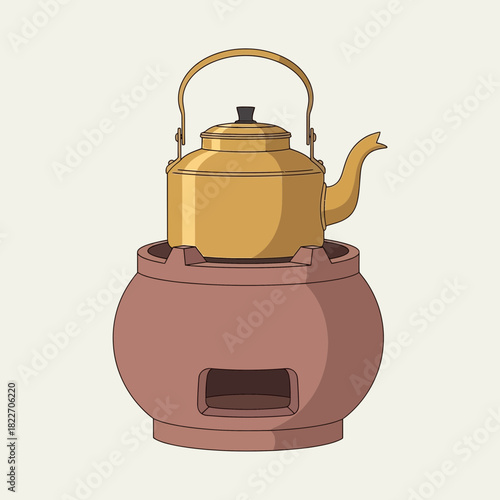 Traditional Tea Preparation: A Golden Kettle on a Clay Stove Illustration