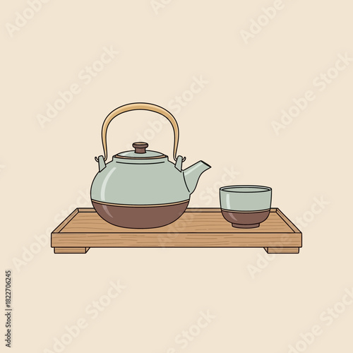 Minimalist Tea Set Illustration: Teapot and Cup on Wooden Tray Arrangement