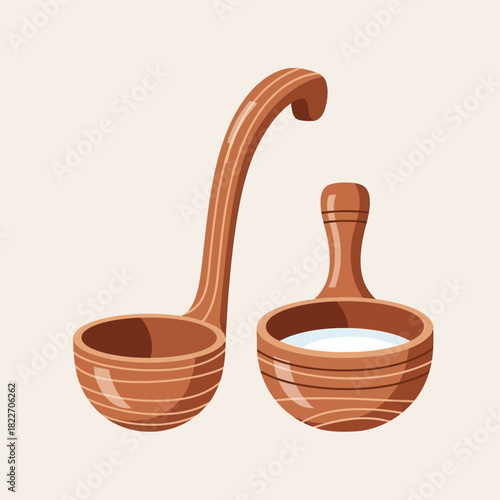 Wooden sauna accessories comprising of a ladle and water bucket in minimalistic style