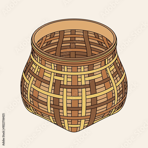 Detailed woven basket illustration with earthy tones on soft background