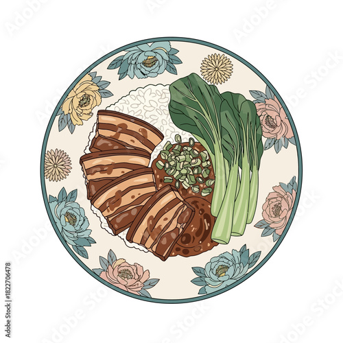 Dongpo Pork Belly with Rice and Bok Choy on Floral Plate Illustration