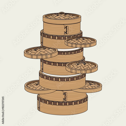 Stacked bamboo steamer tower with floating lids oriental culinary theme