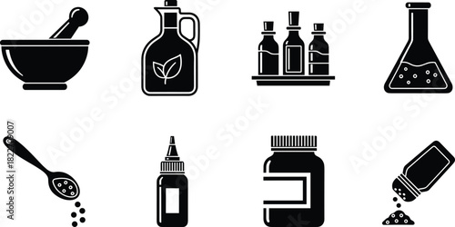 Laboratory Tools Set: A collection of laboratory equipment, including beakers, bottles, and a mortar, representing a comprehensive range of scientific tools.