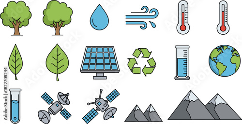 Eco-Friendly Elements: A vibrant illustration showcasing a collection of essential environmental icons representing diverse aspects of nature, sustainability.