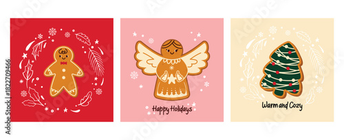 Set of Christmas greeting cards with Gingerbread. Vector holiday illustration with homemade baked goods. Seasonal flavored products, cards for New Year or winter holidays.