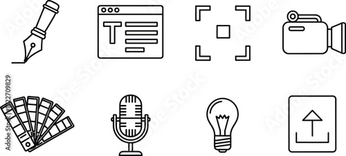 Collection of Graphic Design and Digital Media Icons Representing Creativity and Production