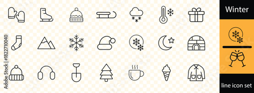 Weather line icon set with editable stroke, featuring hail, snow, ranbow, seasons, heat wave, humadity, storm, cloudy, climate, rainy, night, fog, sunset, tornado, moon, wind.
