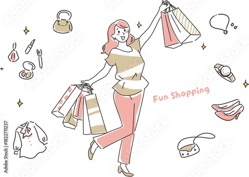 ショッピングを楽しむ女性のシンプルタッチのイラストデザイン素材