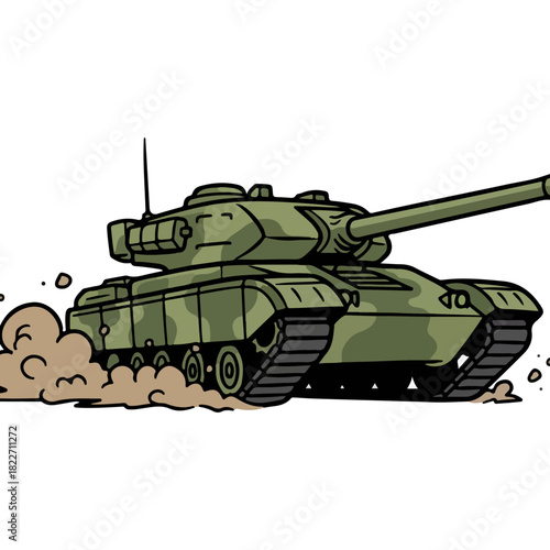 Cartoon Tank Advancing Through Dust Cloud with Antenna.