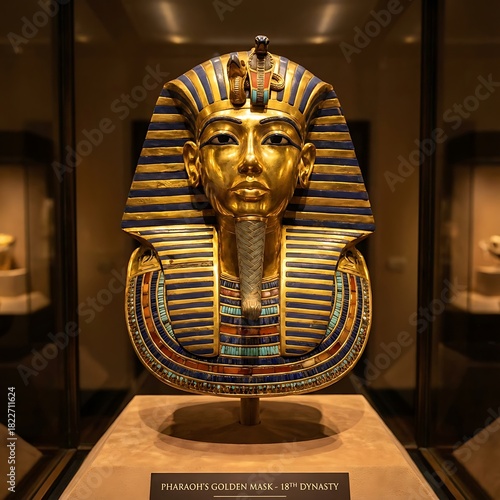 Golden Mask of Tutankhamun in Display Case at the Grand Egyptian Museum in Cairo Egypt