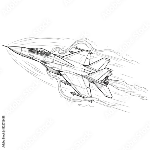 Detailed Line Art of a Fighter Jet in Flight.