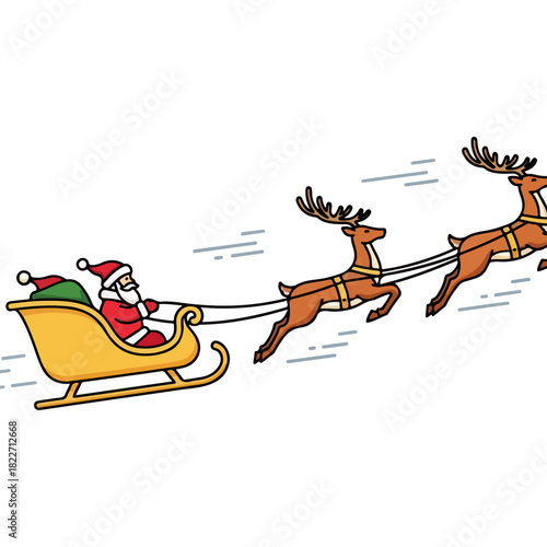Santa Claus in Sleigh with Reindeer Flying Through the Air.