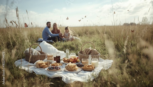 Family picnic in field with food blanket basket juice
