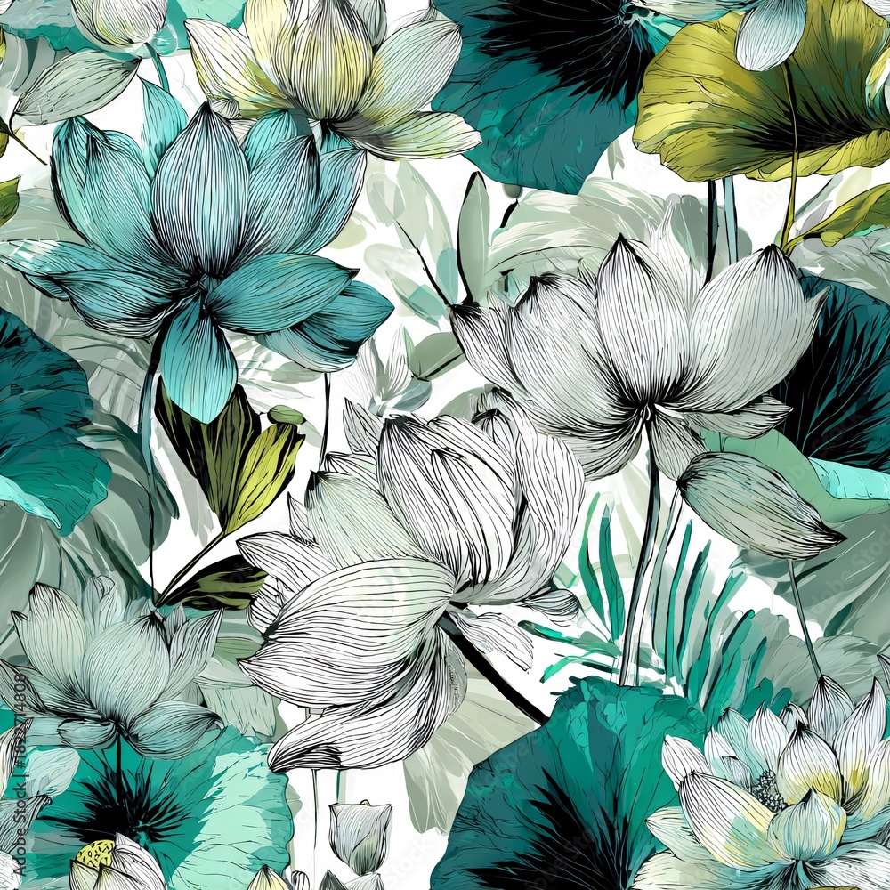 Fototapeta premium Seamless pattern with lotus flower and tropical leaf. Botanical art for textile, fabric, wallpaper, branding, packaging, background.