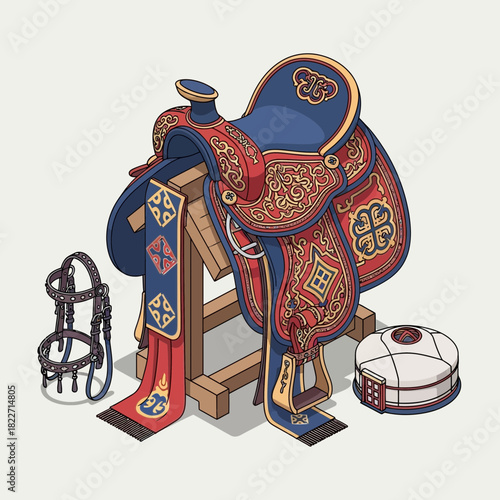 Elaborate Horse Saddle with Bridle and Yurt Miniature - Cultural Heritage