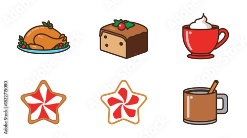 Festive holiday meals and sweets for Christmas celebrations, a delicious vector collection of holiday treats and drinks