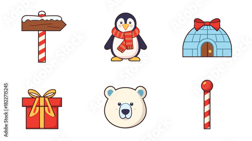 Festive North Pole Christmas icons showcasing a cheerful penguin, igloo, polar bear and classic holiday elements for seasonal cheer
