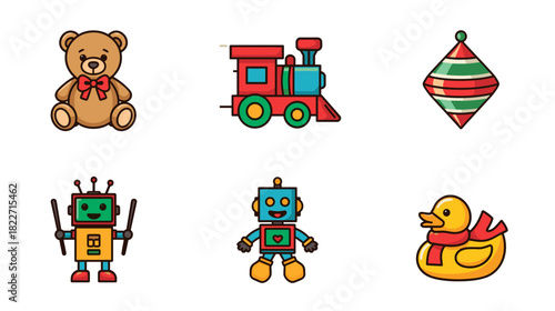 Playful collection of childhood toys including a teddy bear, train, robot, duck, and spinning top, perfect for children's designs