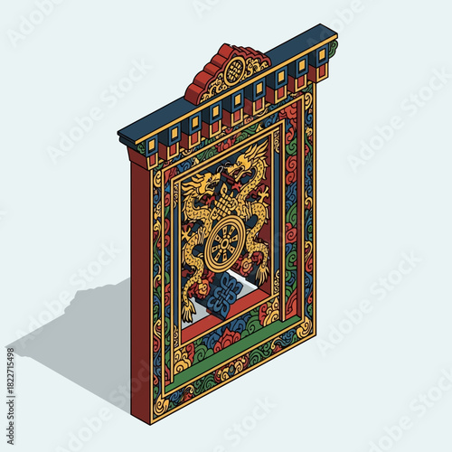 Isometric illustration of traditional Bhutanese design art featuring vibrant dragons