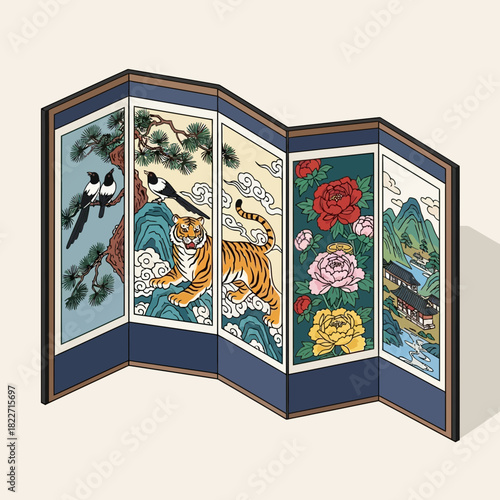 Korean Folding Screen Depicting Traditional Imagery of Nature and Culture