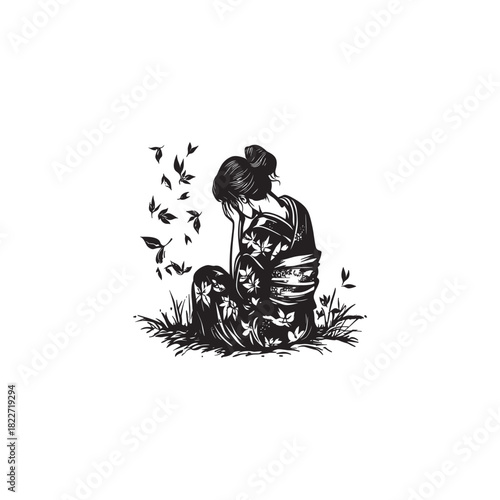 vintage sketch illustration of a Japanese Geisha wearing a beautiful floral kimono, sitting sadly and pensive in the grass with leaves falling around her