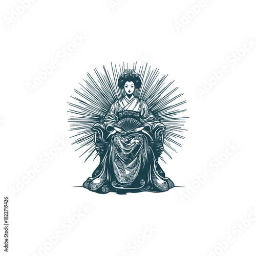 vintage sketch illustration of a powerful Japanese Queen or Geisha Empress sitting on a gothic throne with an ominous halo or radiating light behind her
