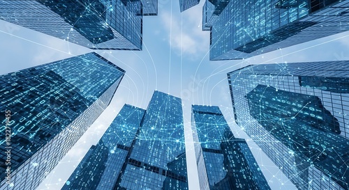 Dynamic low-angle view of modern skyscrapers intertwined with a digital network, symbolizing global business, smart city infrastructure, and technological innovation in a connected urban landscape