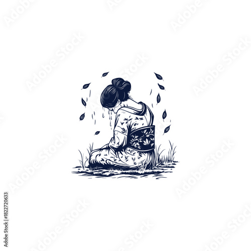 vintage sketch illustration of a Japanese Geisha wearing a beautiful floral kimono, sitting sadly and pensive in the grass with leaves falling around her