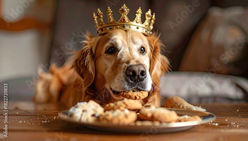 Golden Retriever with Crown & Cookies: Regal Pup Enjoying Treats - Cute Dog Portrait, Royalty, Pet Photography