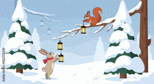A charming winter scene with a rabbit and a squirrel decorating a tree with lanterns.