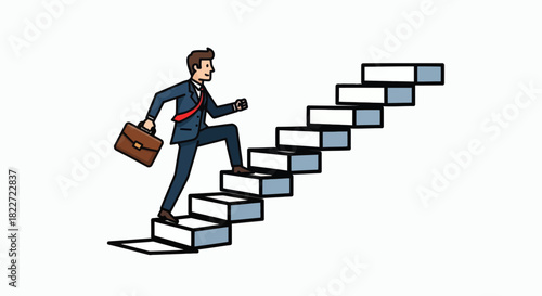 Businessman climbing stairs with briefcase symbolizing career growth and success.