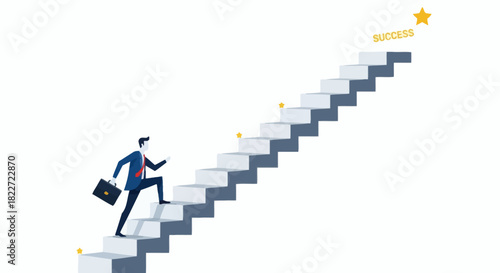 Businessman climbing stairs to success reaching for a golden star at the top symbolizing career growth and ambition.