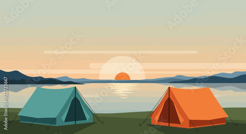 Camping tents by a lake at sunset with mountains.