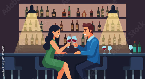 Couple enjoying a romantic evening with drinks at a bar.