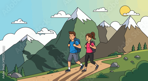Couple hiking in mountains with backpacks on a sunny day.